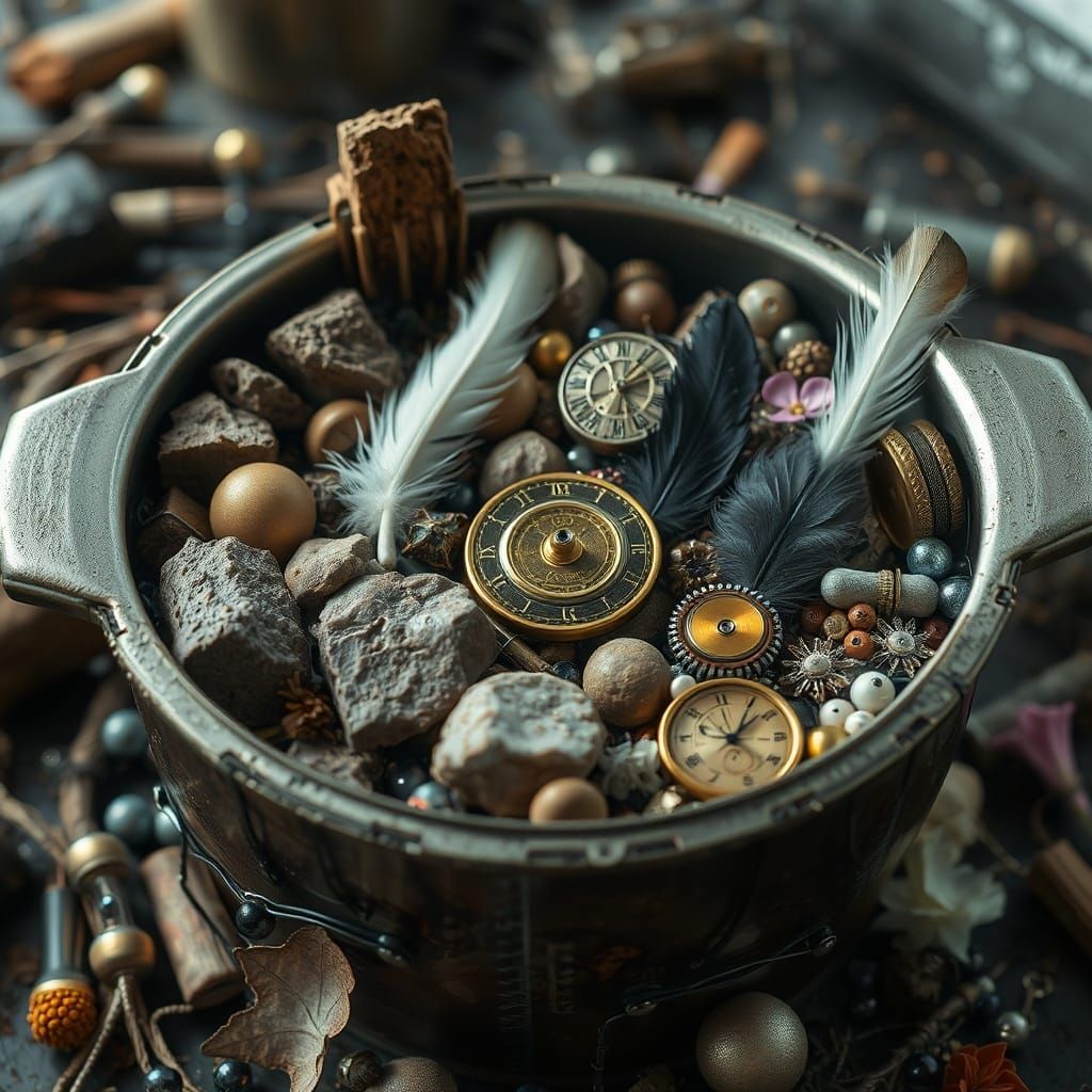 Unusual Hot Pot with Bark, Feathers, and Clockwork