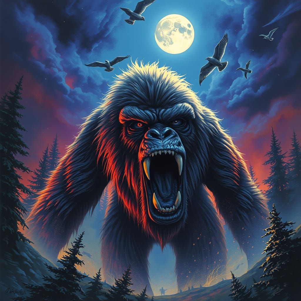 Bigfoot Under Moonlight in Hyperrealistic Style