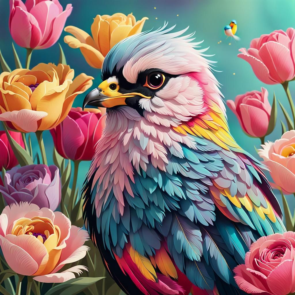 Cute Bird with Flowers in Cartoon Style