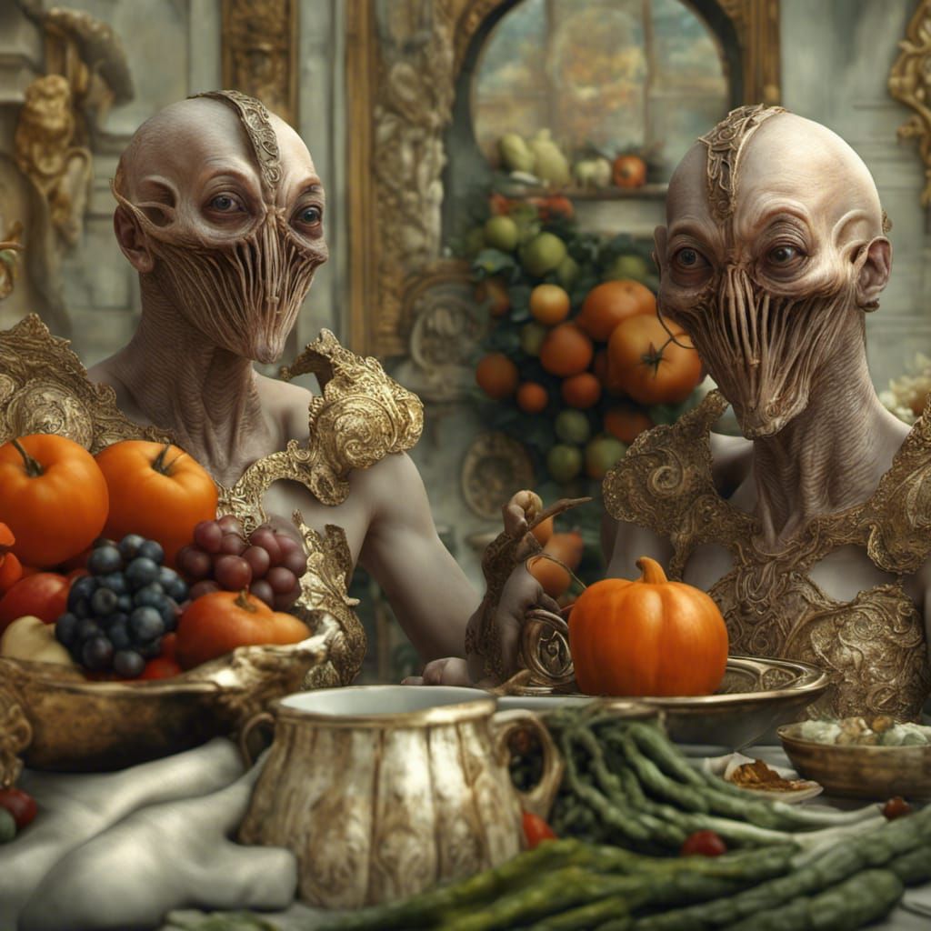 Bizarre Alien Feast: Dreamlike Hyperrealistic Digital Art