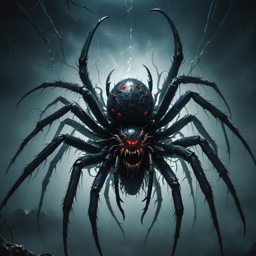 Gigantic Spider with Multiple Mouths in Dark Fantasy Style