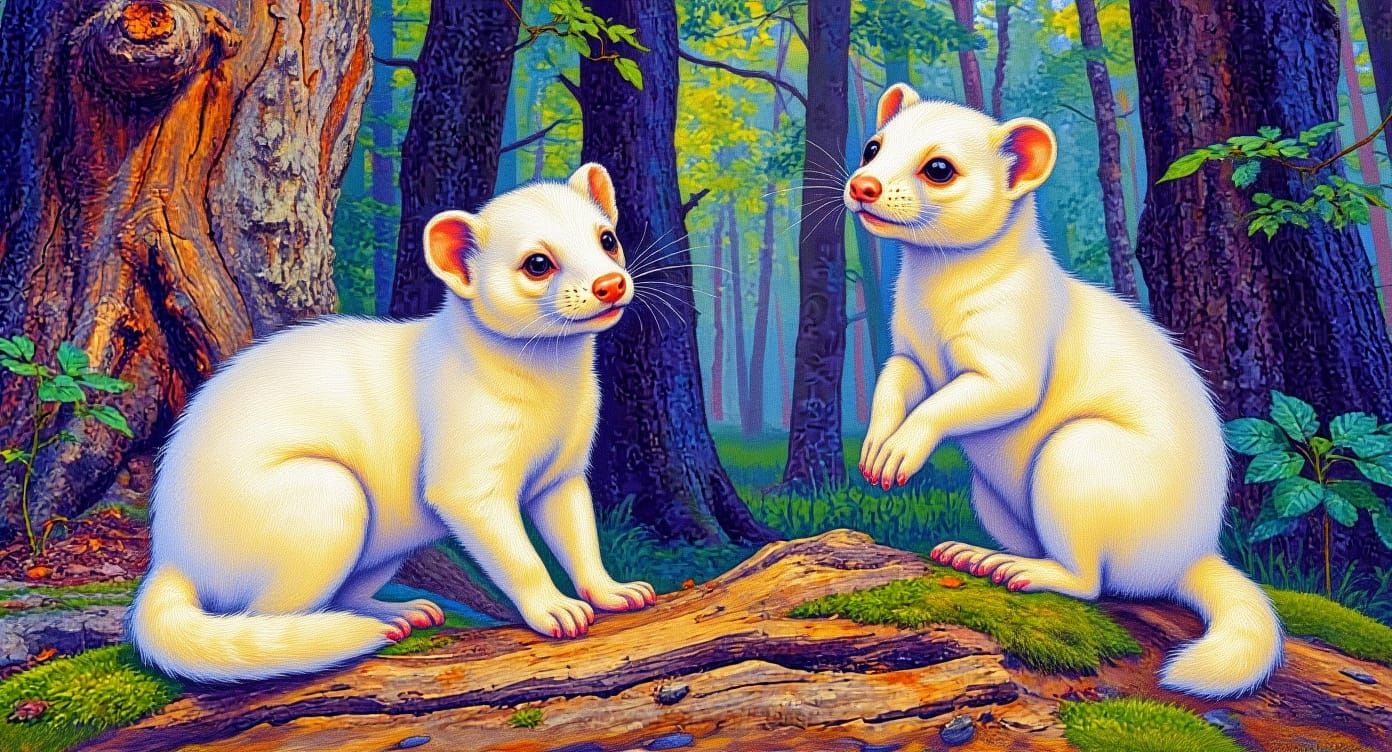 Playful Stoats in Heather, Colorful Linocut Print