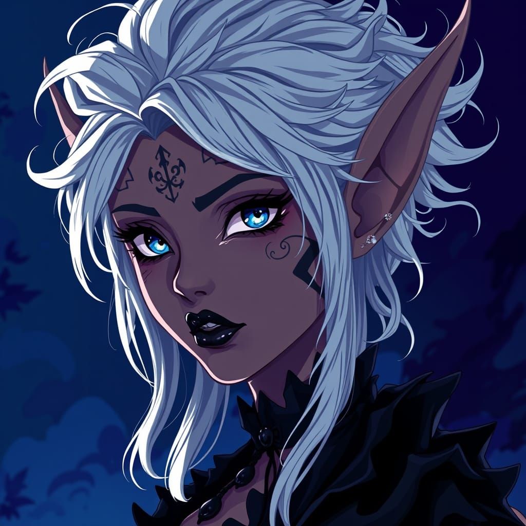 Gothic Anime Elf Maiden with Wild Hair and Piercing Blue Eye...
