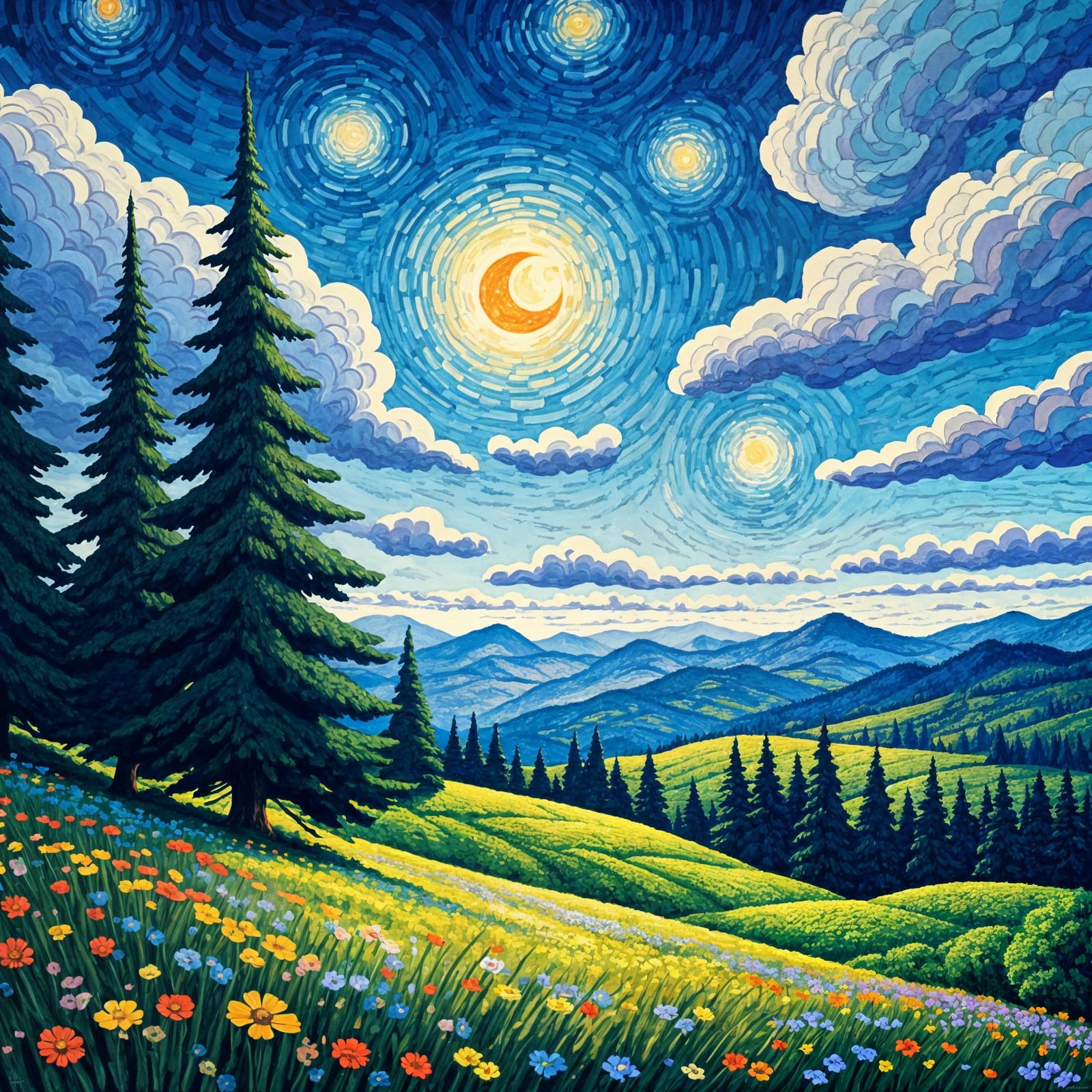 Pointillist Landscape Under a Starry Night