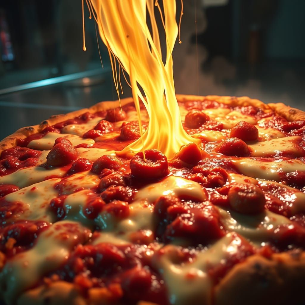 Overloaded Pizza in a Dramatic Cinematic Scene