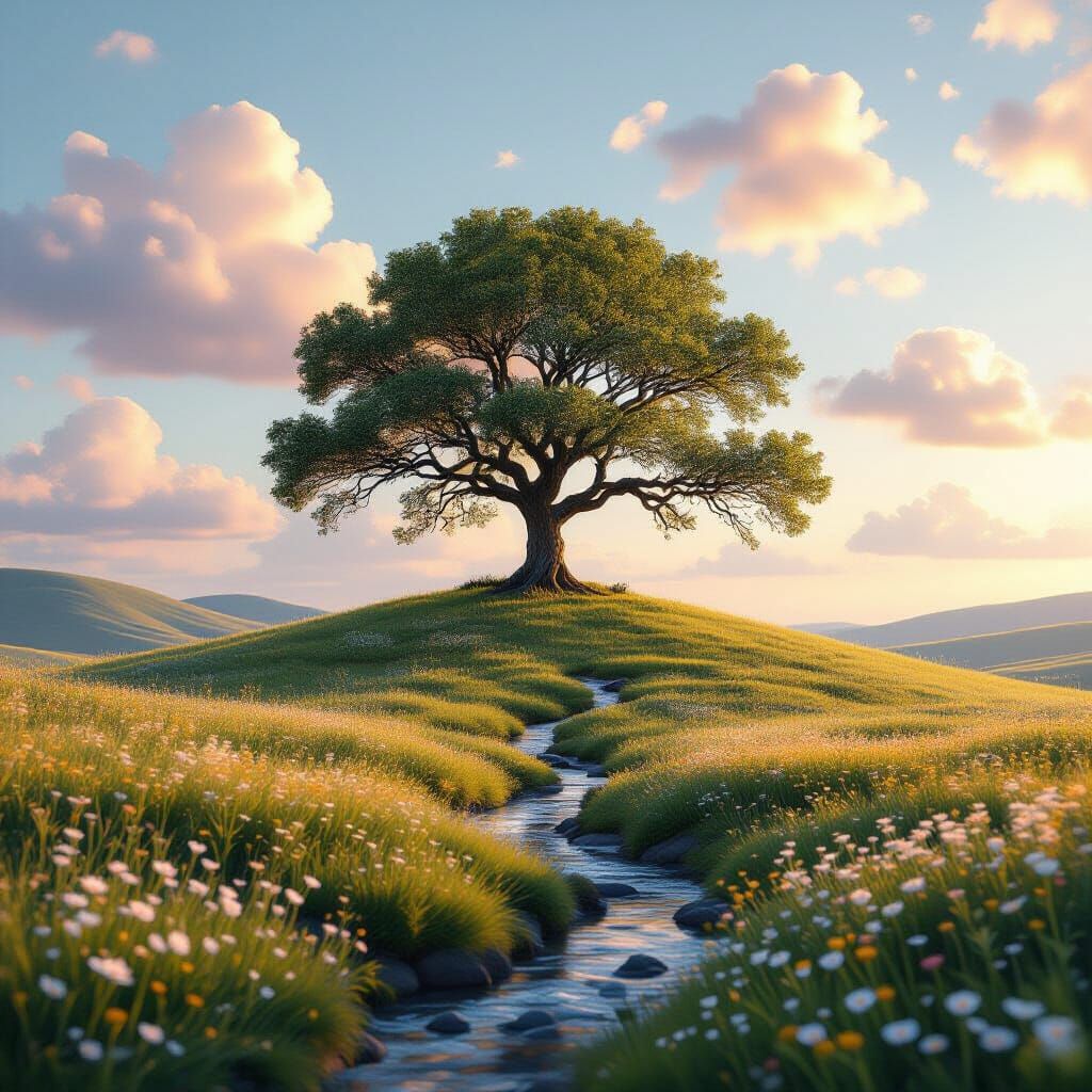 Ancient Tree on Hill Under Pastel Clouds