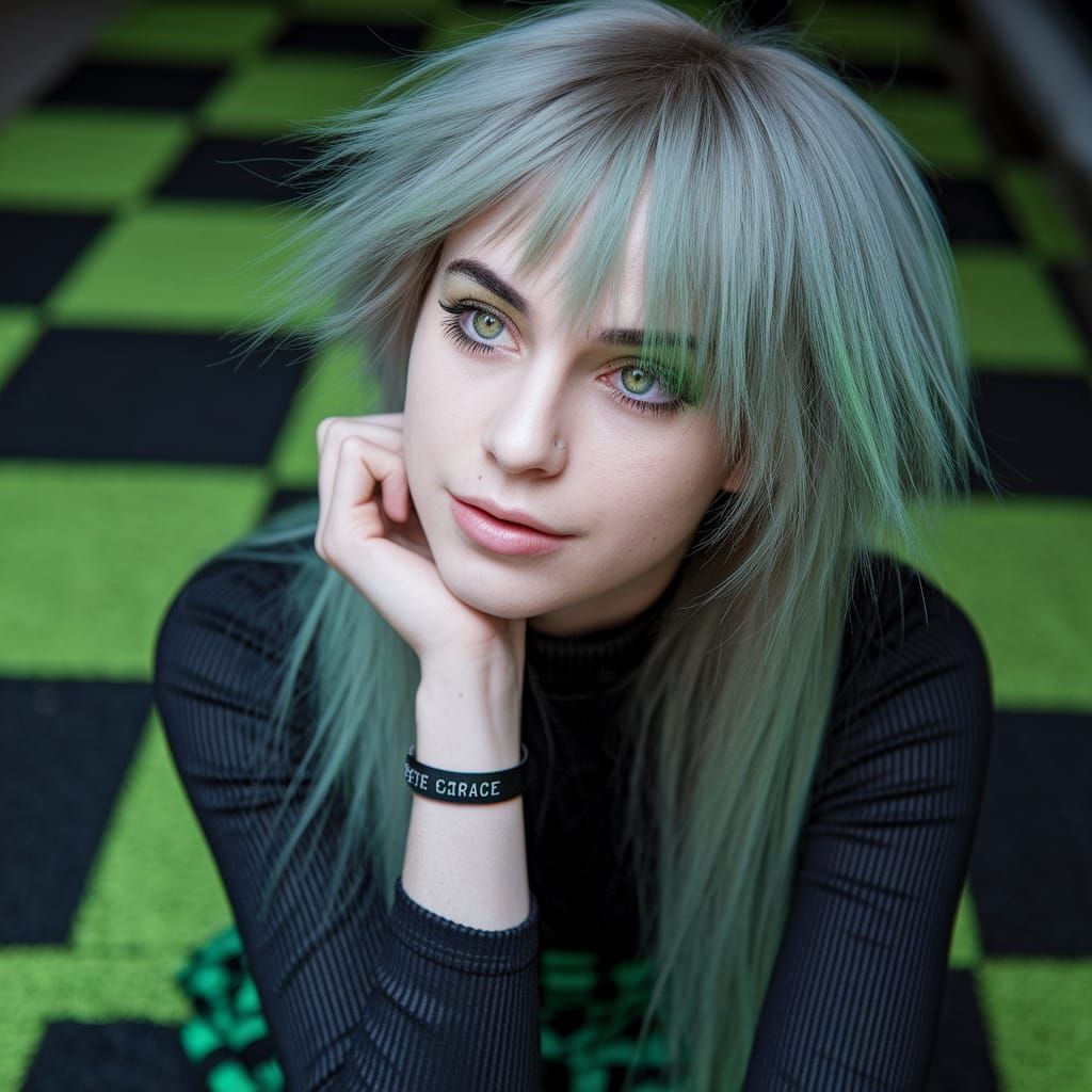 Ethereal Emo Teen Portrait with Green Accents