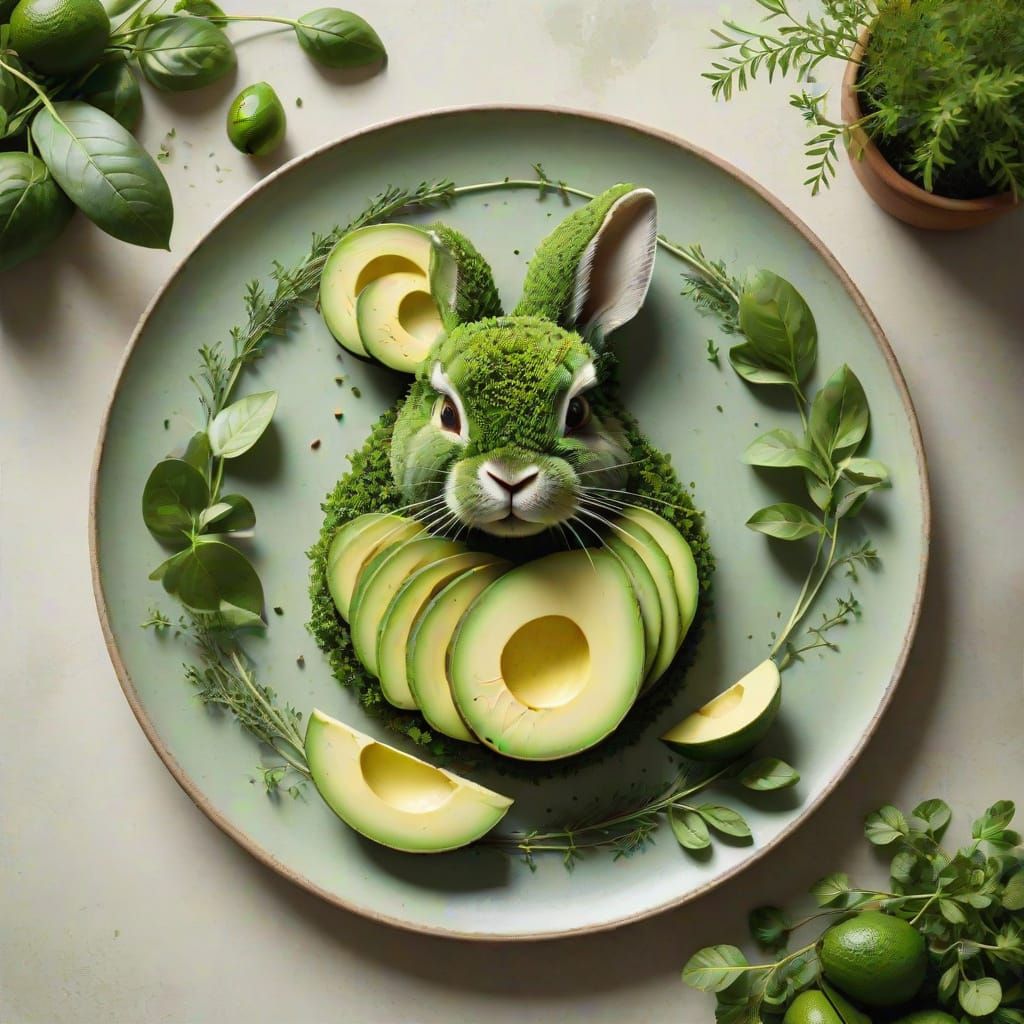 Avocado Silhouette of a Rabbit's Head in a Garden Setting
