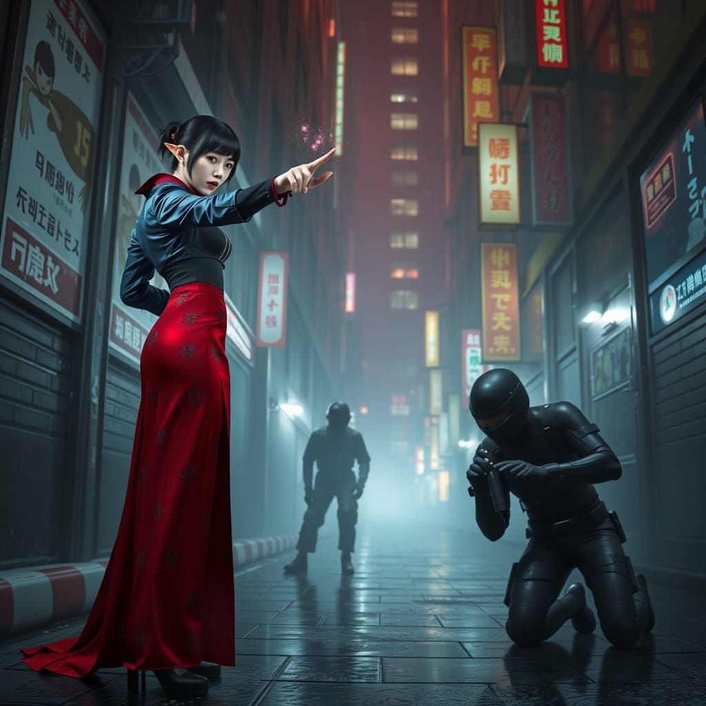 Korean Cyberpunk Woman Wields Magic in Dark Alley