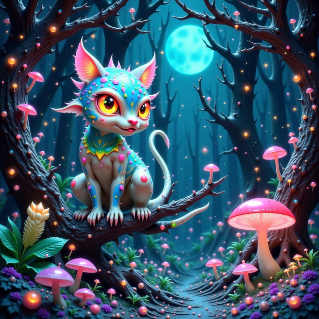 Bioluminescent Creature in Alien Forest, Semi-Realistic Mang...