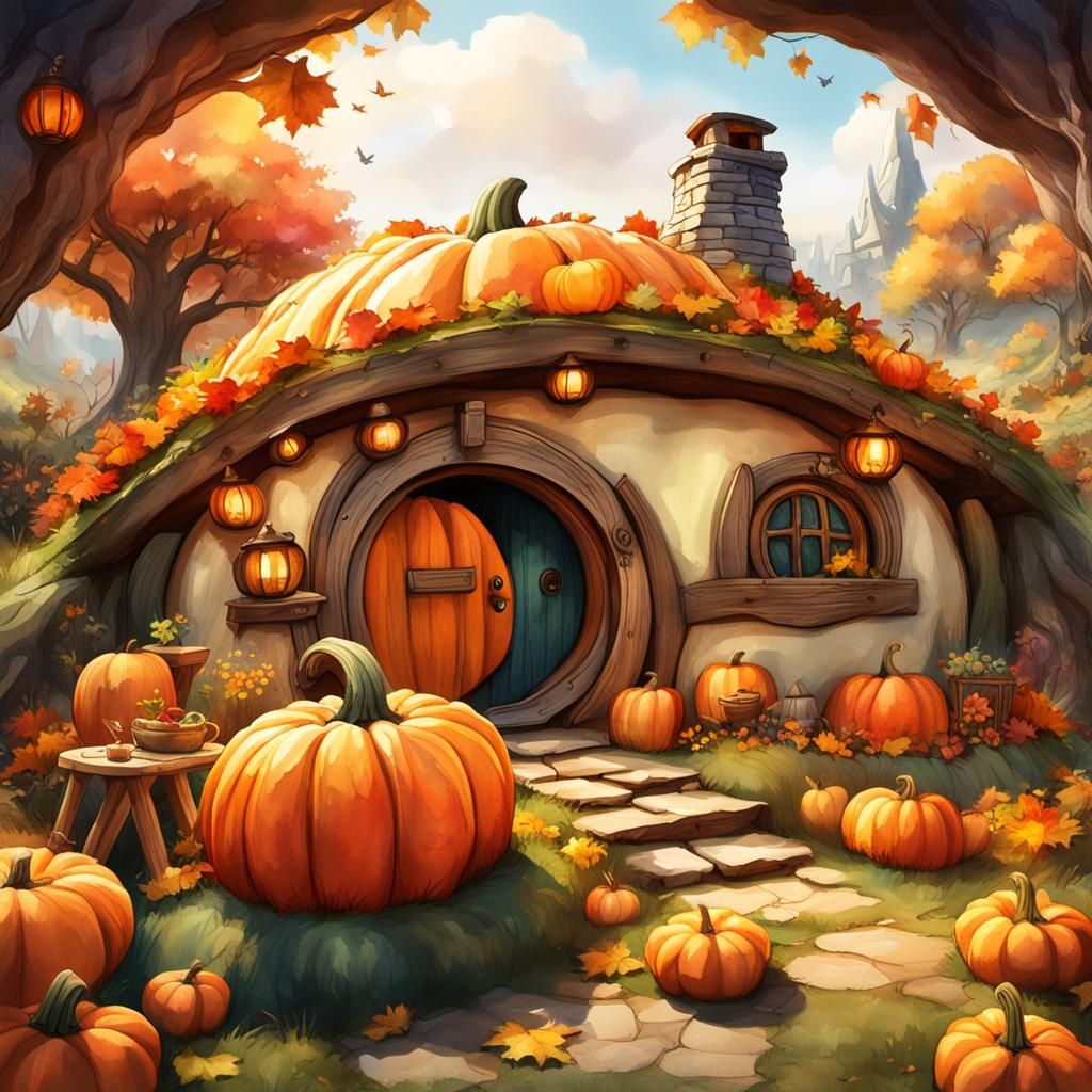 Watercolor Fantasy Pumpkin Hobbit Hole
