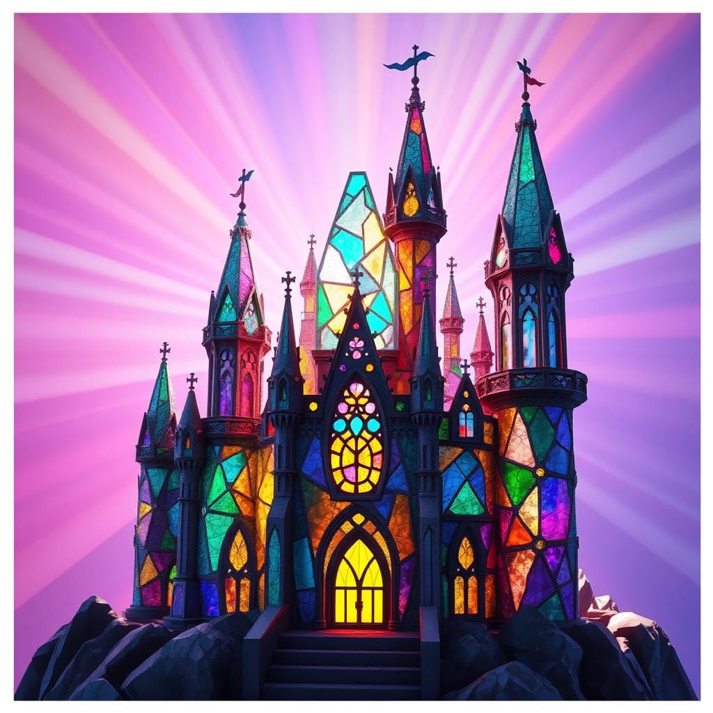 Whimsical Stained Glass Castle Made of Shimmering Glass Shar...