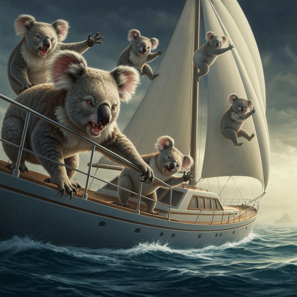 Aggressive Koalas Overwhelm Luxury Yacht in Digital Painting
