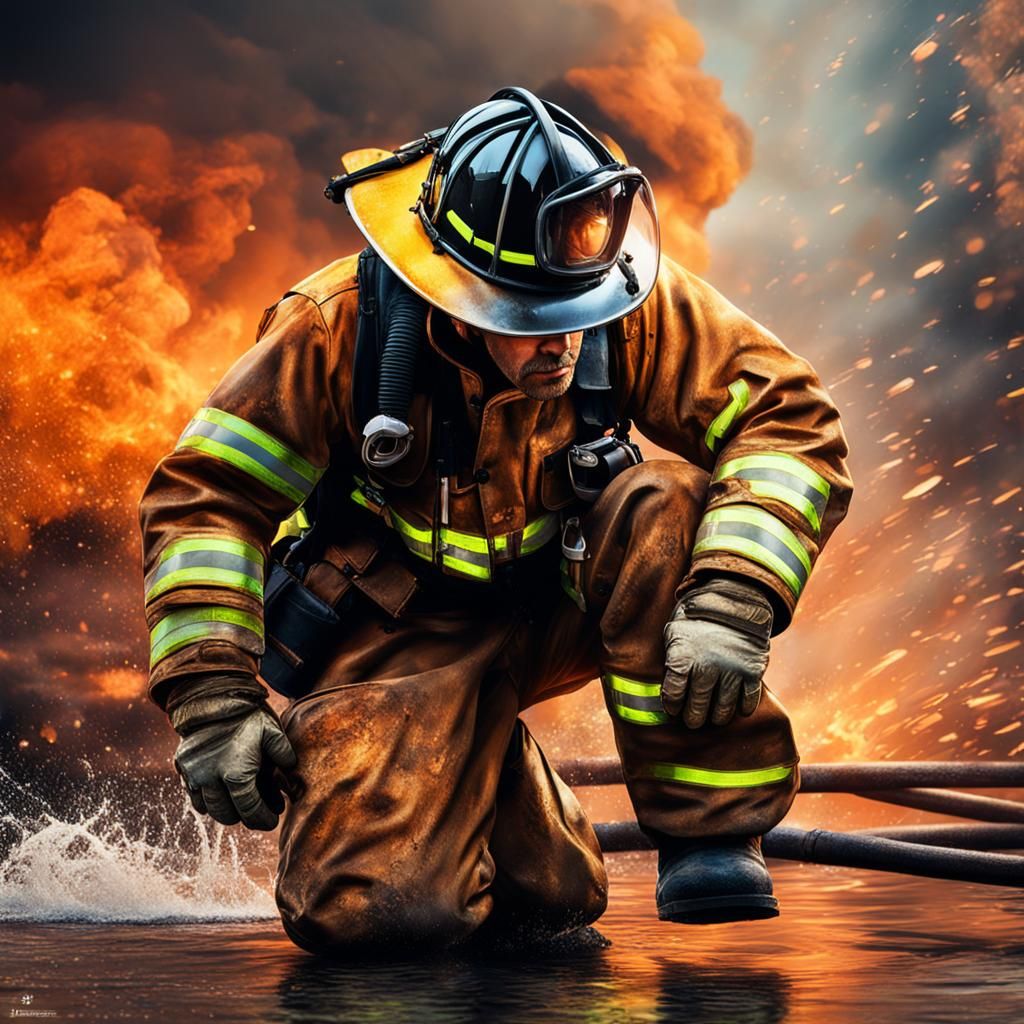 Hyperrealistic Firefighter in Action: Dramatic Portrait