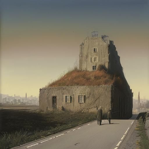 Surreal Urban Dreamscape: Golden Hour Oil Painting