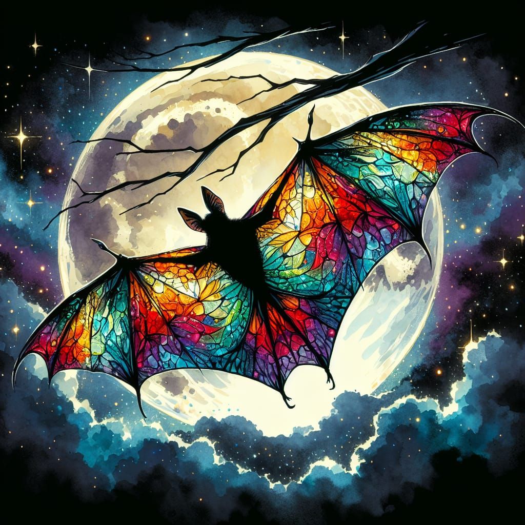 Airbrushed Watercolor Bat Under Full Moon