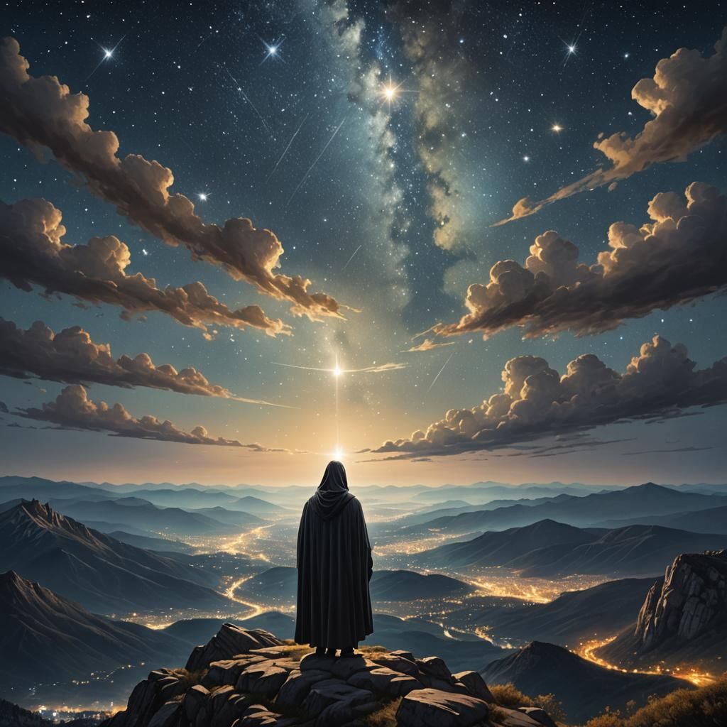 Mountaintop View: Cloaked Figure Gazing at Distant City