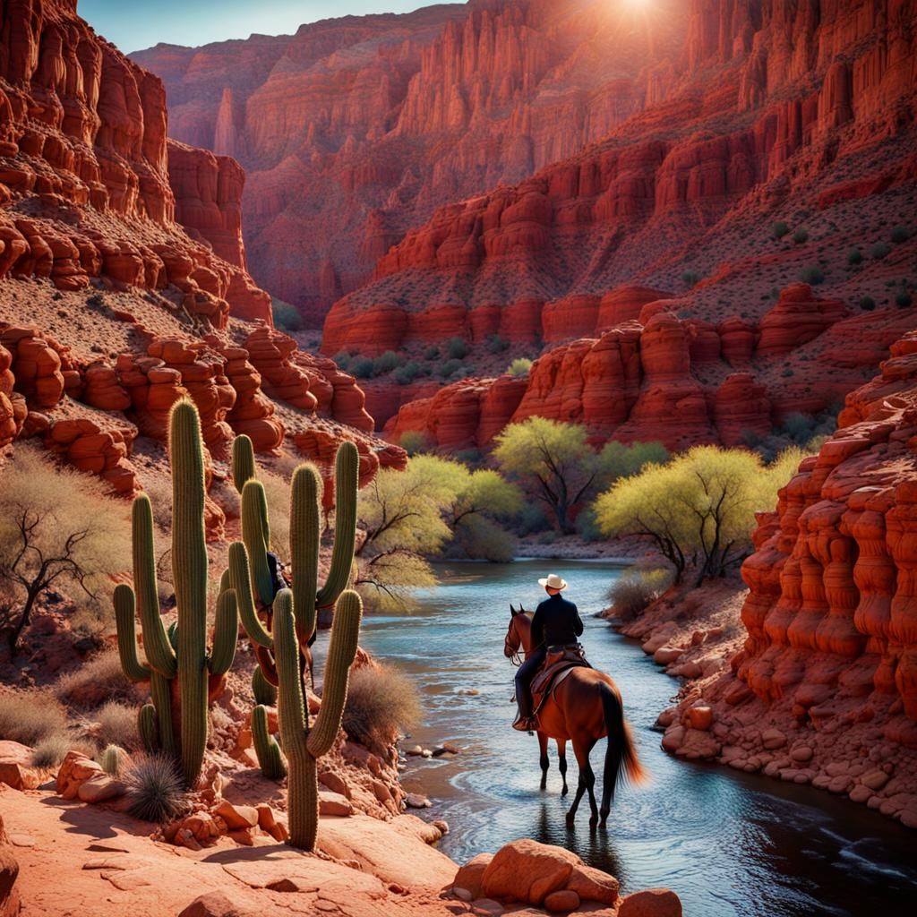 Cowboy at Red Canyon River: Hyperrealistic HDR