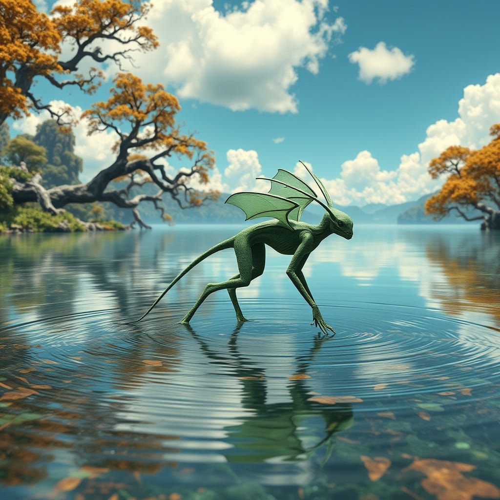 Majestic Green Alien on a Serene Lake in a Photorealistic St...