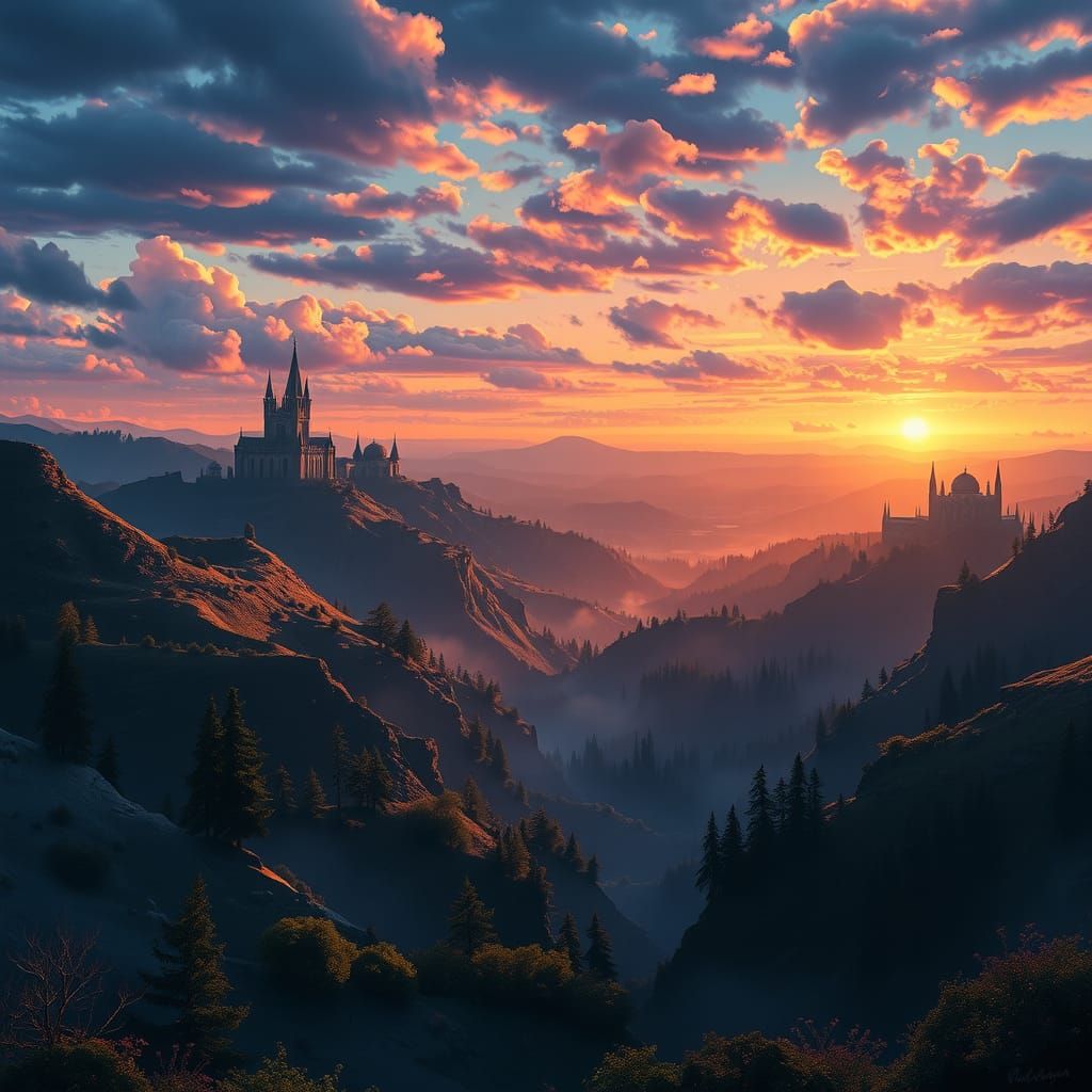 Sweeping Fantasy Landscape in Vibrant, Gradient Skies