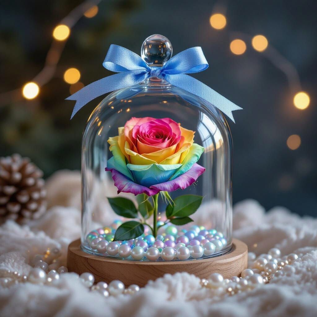 Rainbow Rose in Glass Dome Under Starry Galaxy Sky