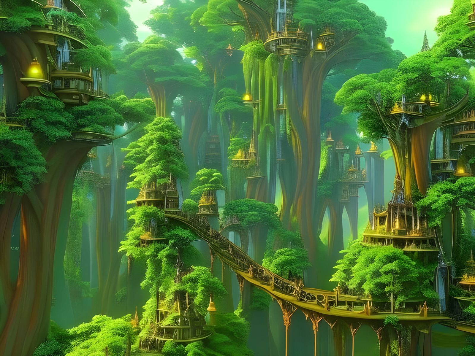 Elven Tree City in a Mystical Fae Forest