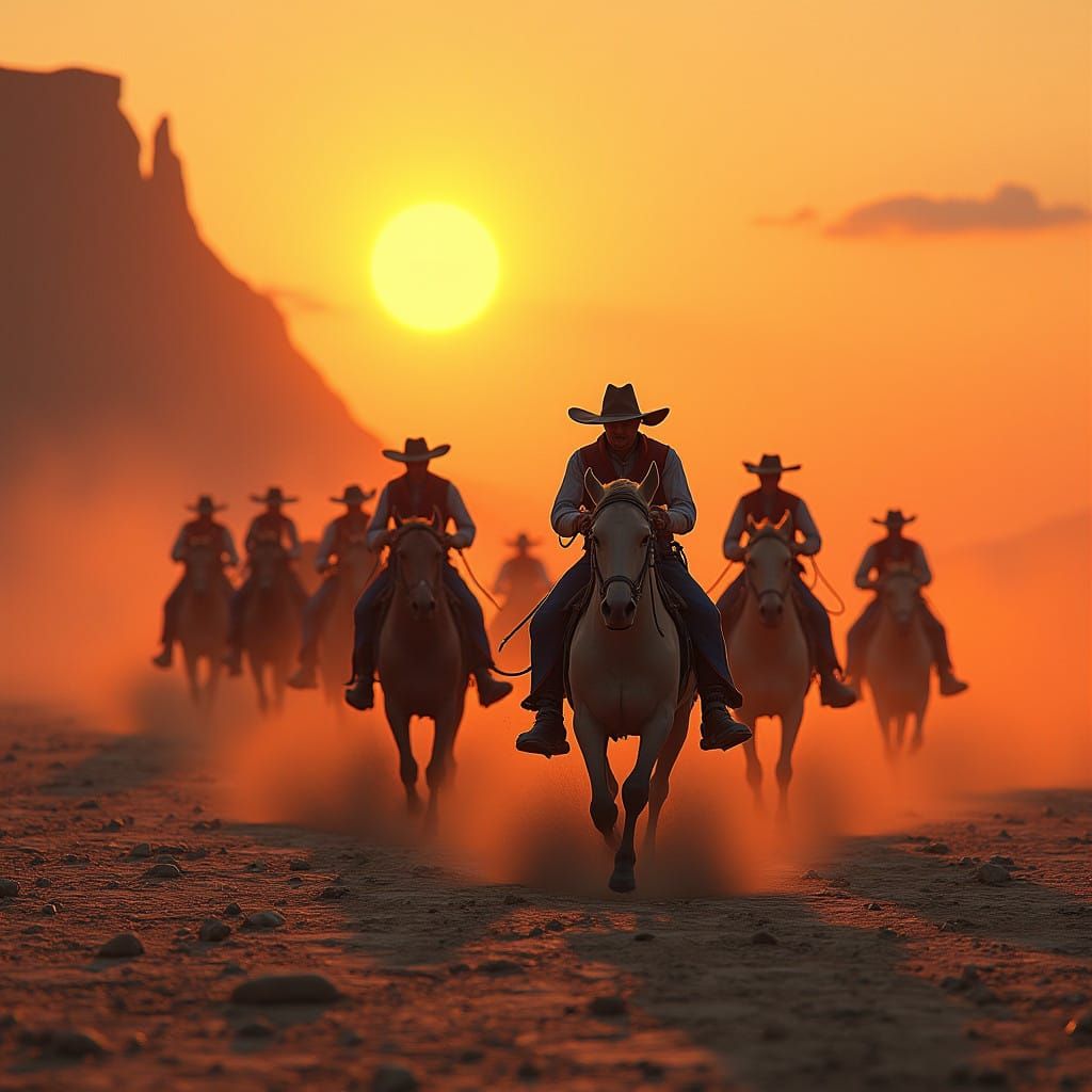 Rugged Cowboys Ride Across a Parched Arid Landscape in Orang...