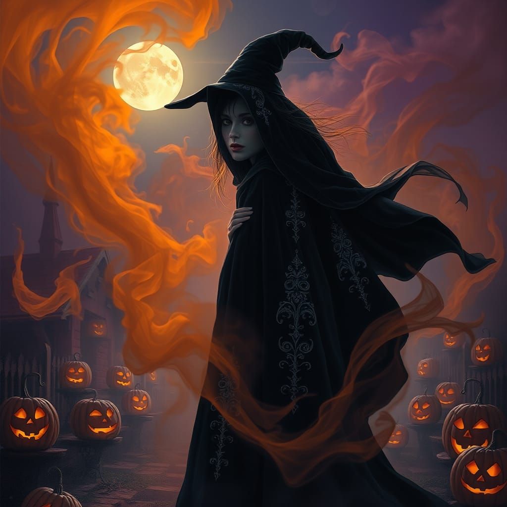 Mystical Witch on Halloween Night in Dark Fantasy Style