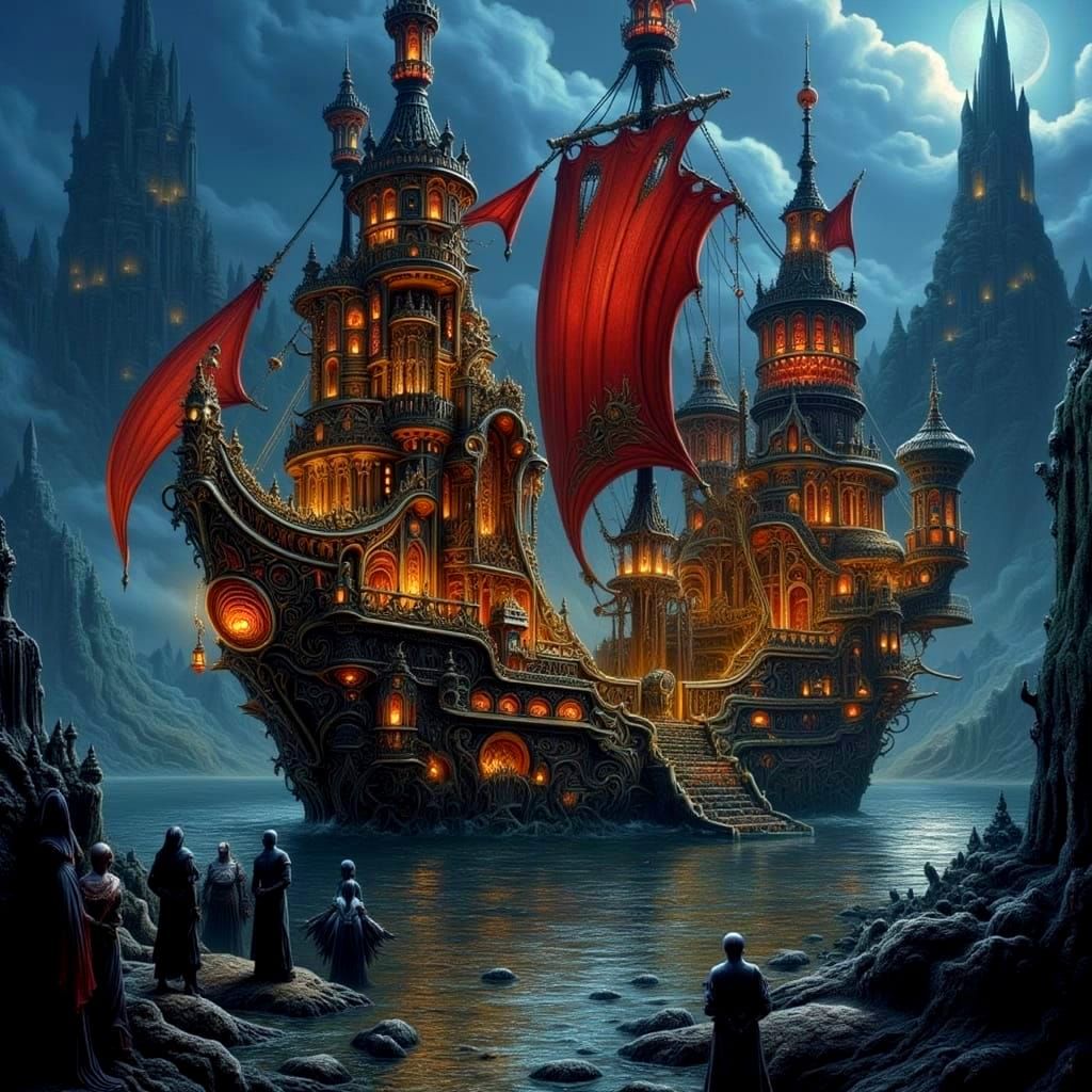 Glowing Pirate Ship Arrival in Art Nouveau Style