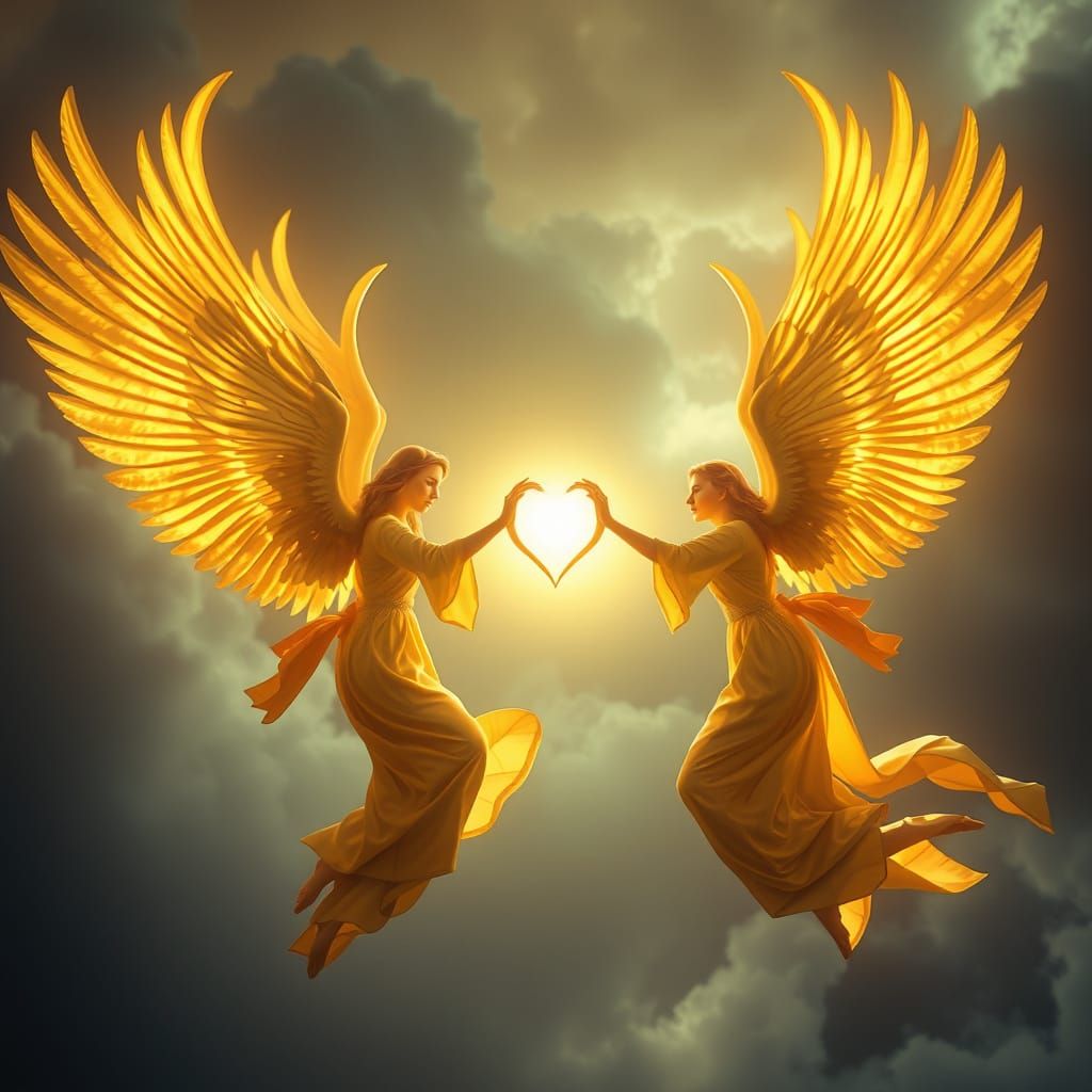 Angelic Heart: Golden Wings in Dreamy Sky