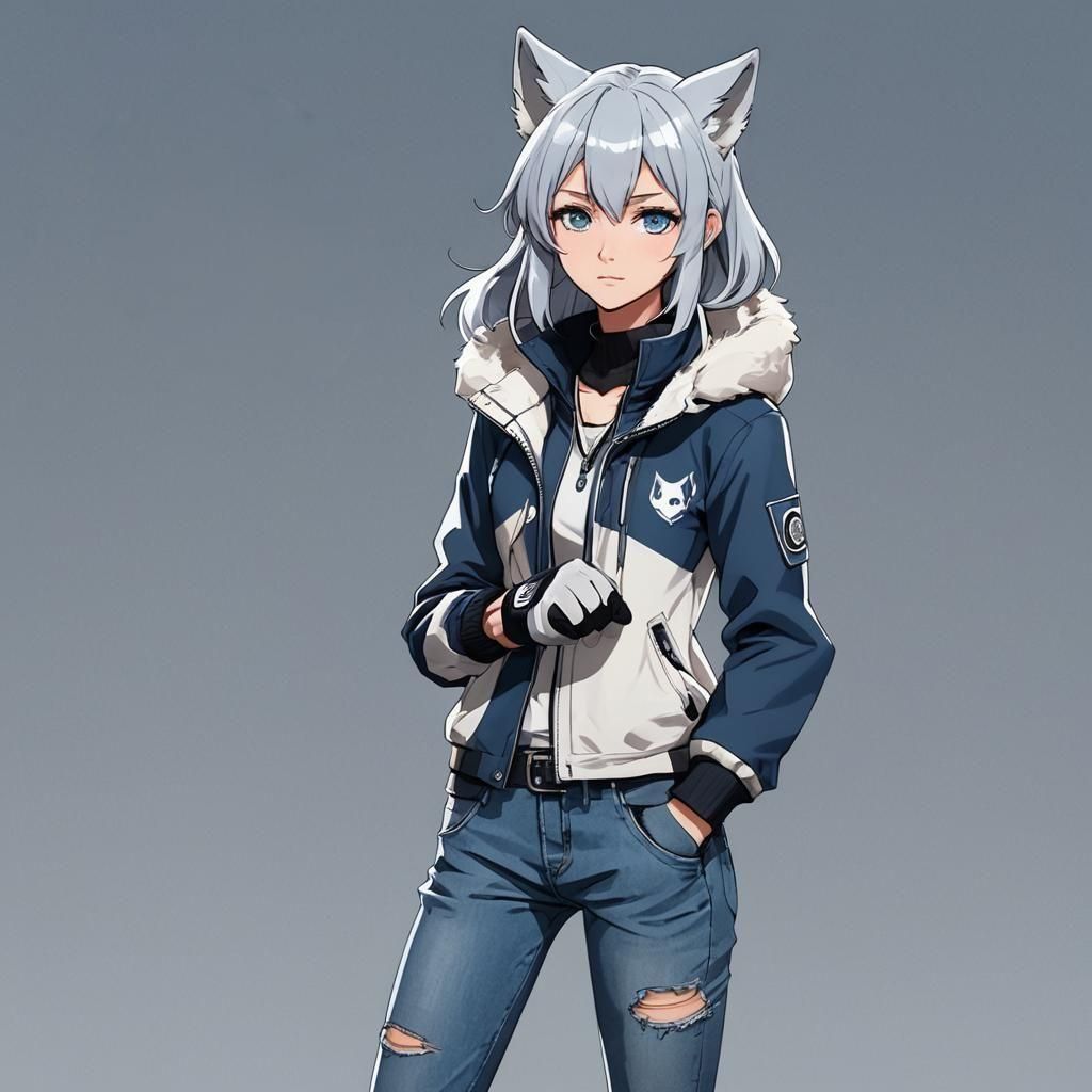Anime Wolf Girl with Silver Hair in Cel-Shaded Style