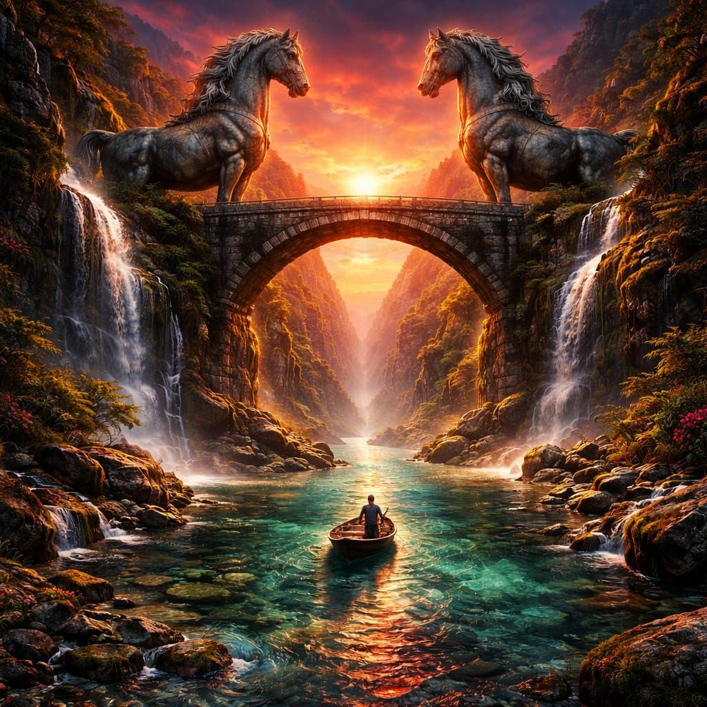 Surreal Stone Bridge with Horse Statues Over River at Sunset