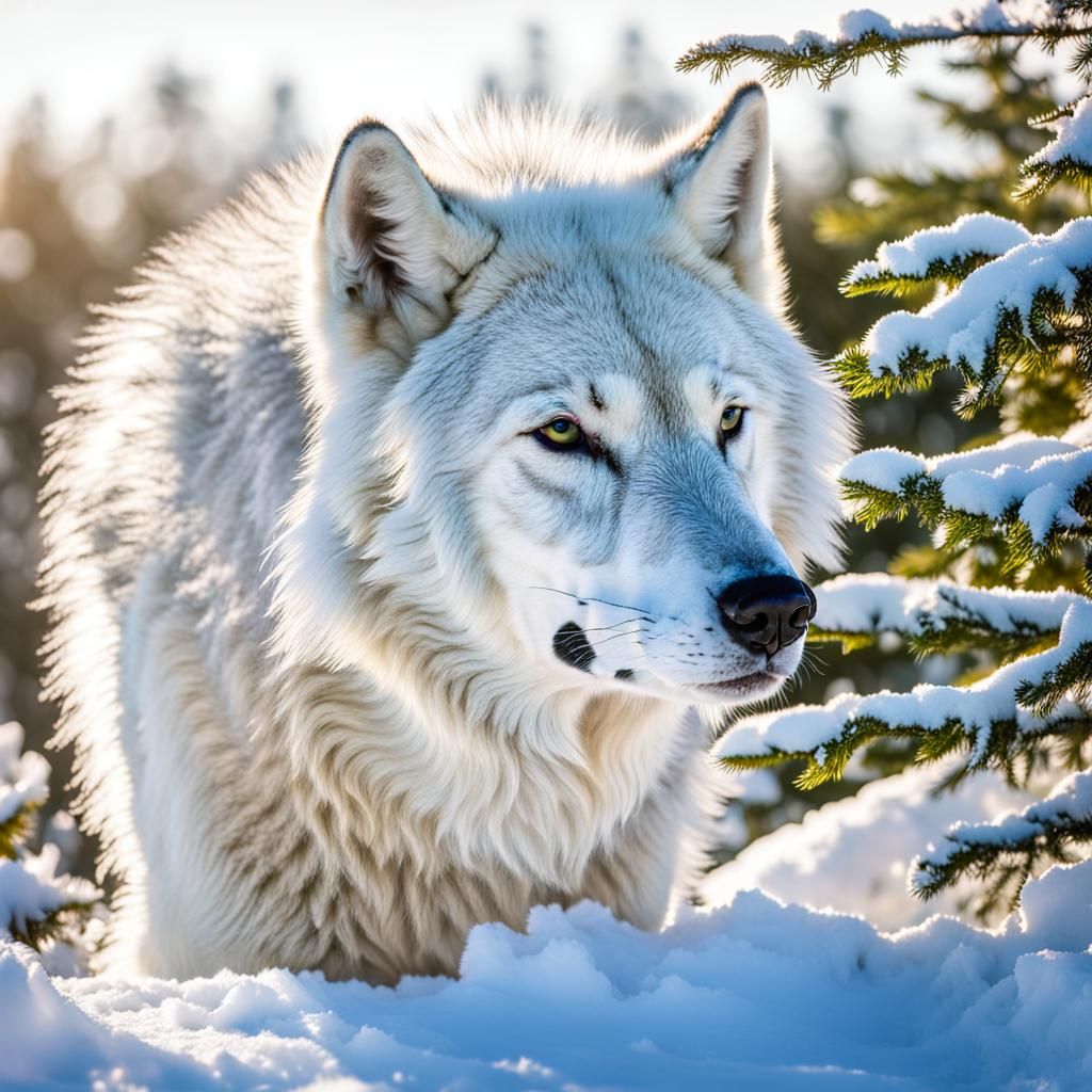 Iridescent White Wolf Hunting in Snowy Bushes