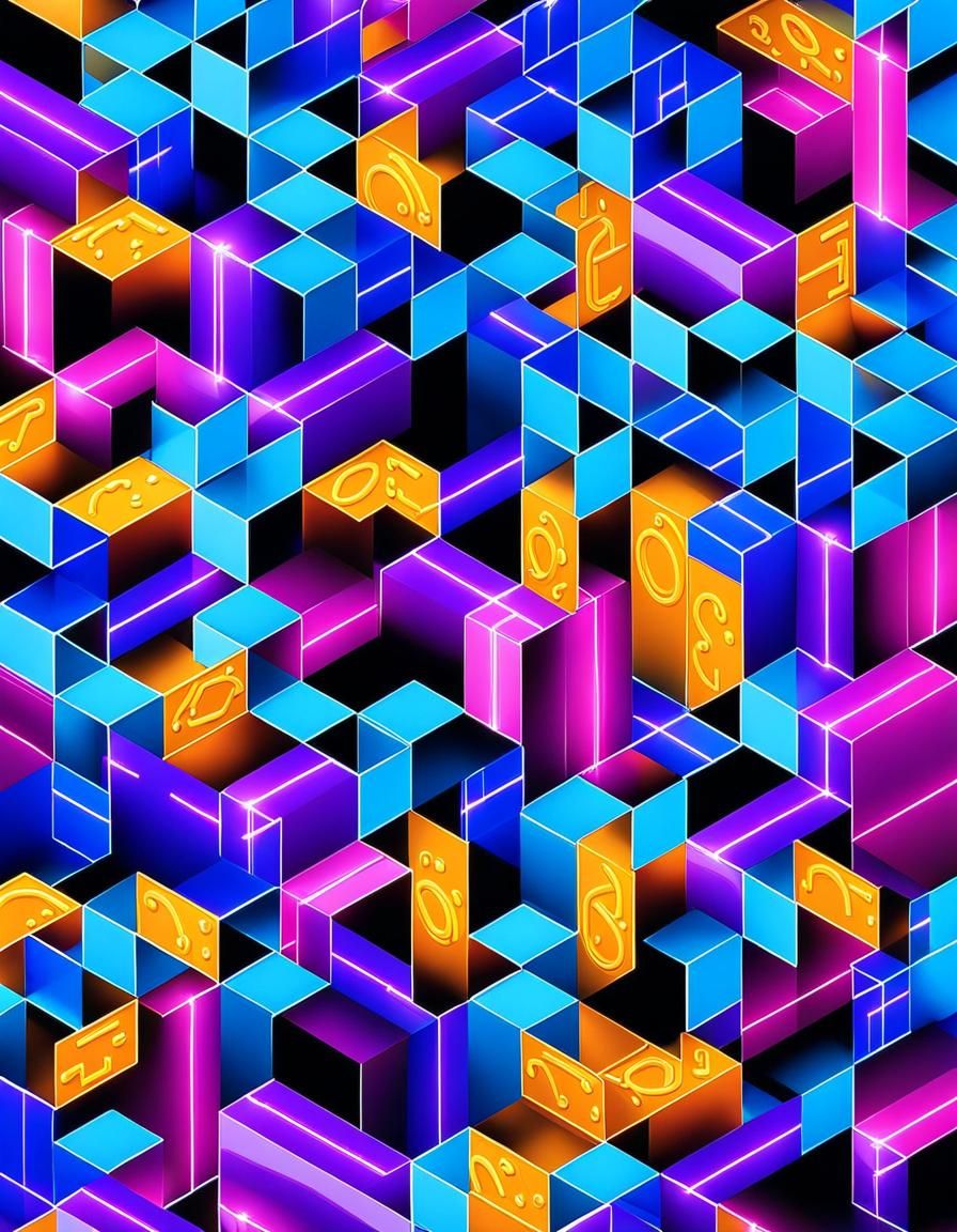 Isometric 3D Cubist Circuits in Synthwave Neon Style