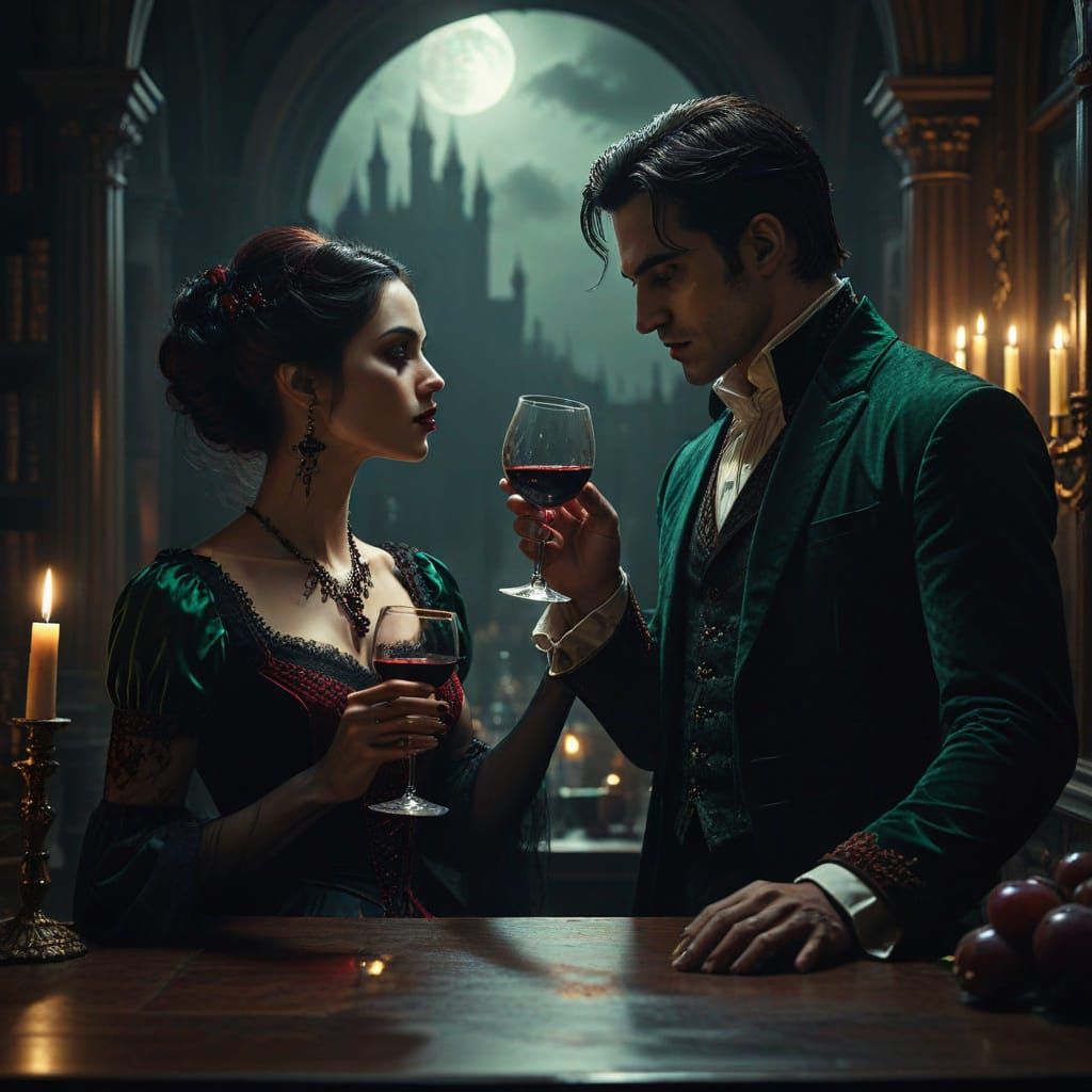 Ethereal Gothic Vampire Couple in Luxurious Golden Lighting