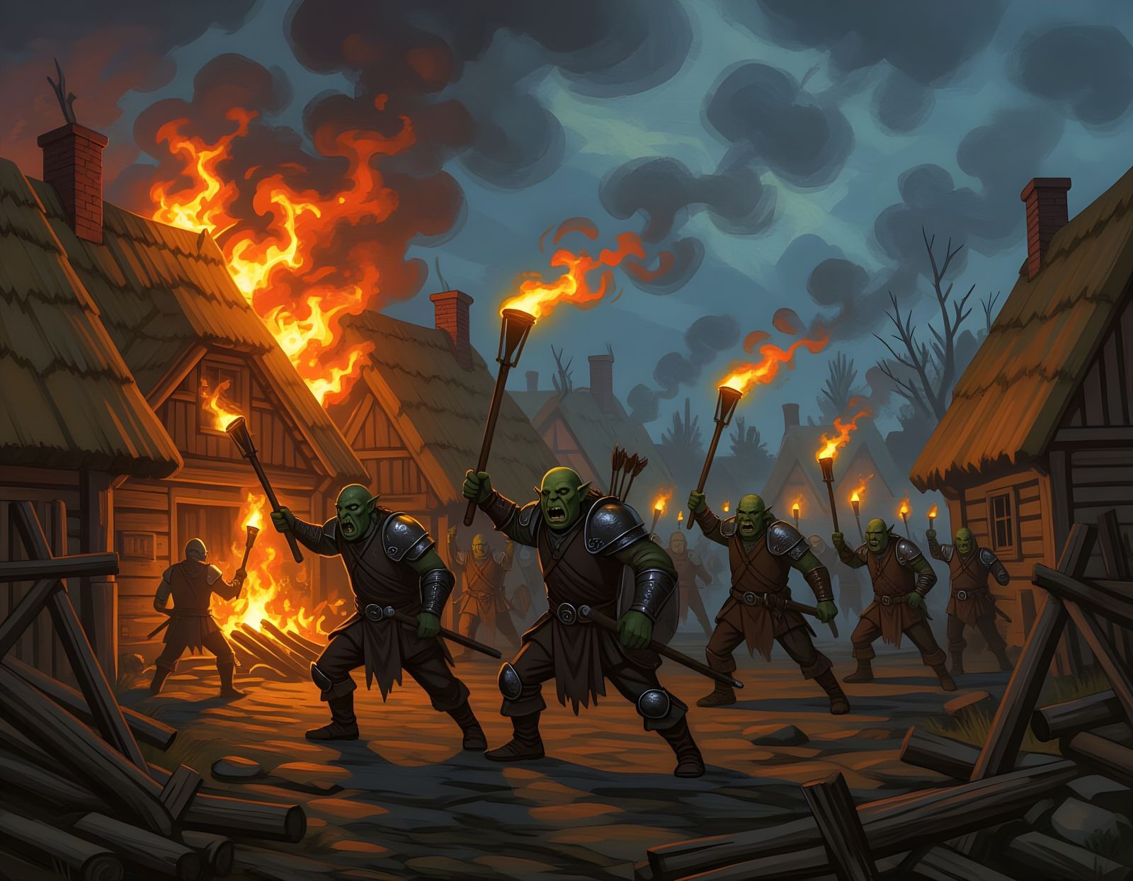 Orc Horde Burning Village in Dark Engraving Style