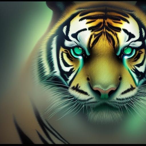 a beautiful majestic tigers face with glowing green brilliant eyes & green faded stripes_hidden in fog_Epic cinematic br...