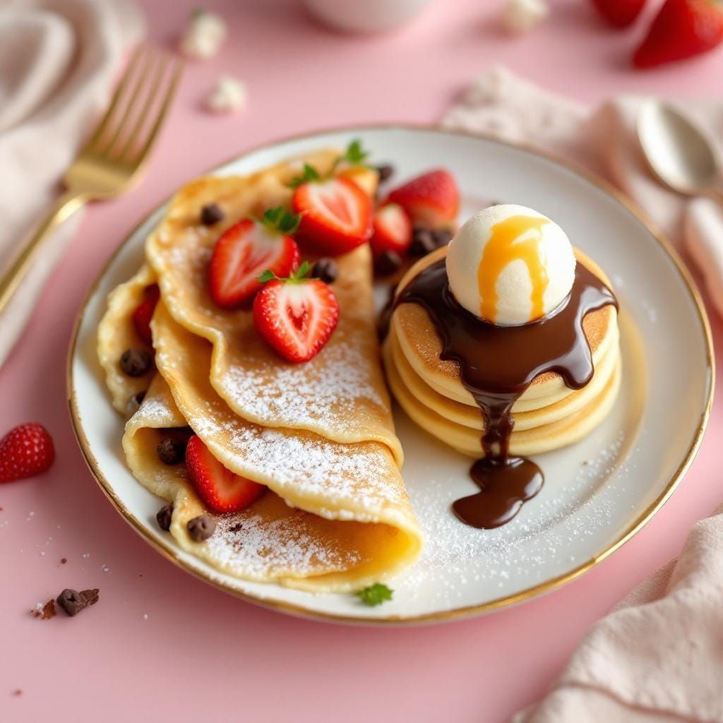 Delicious Dessert Plate with Crepe and Pancakes
