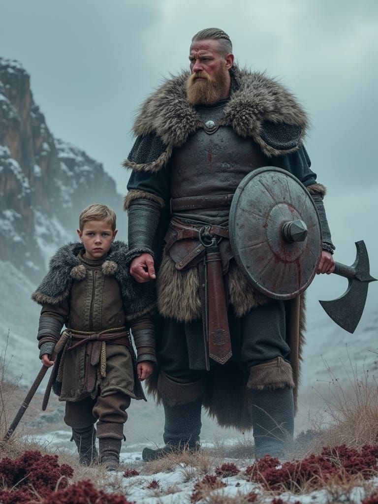Viking Warrior Protects Son in Epic Battle Scene