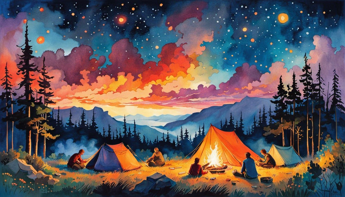 Cozy Campsite Under Starry Night Sky Watercolour