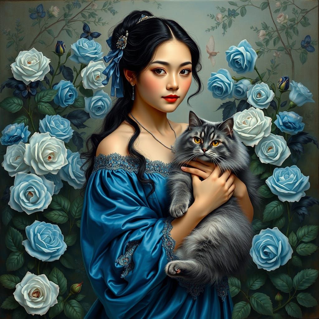 Rococo Painting: Woman and Cat Among Blue Roses