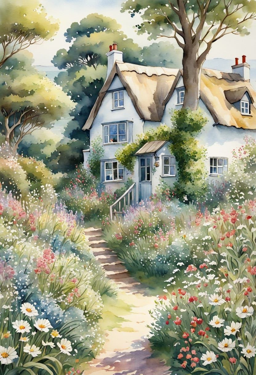 Delicate Watercolour Seaside Cottage with Wildflower Garden