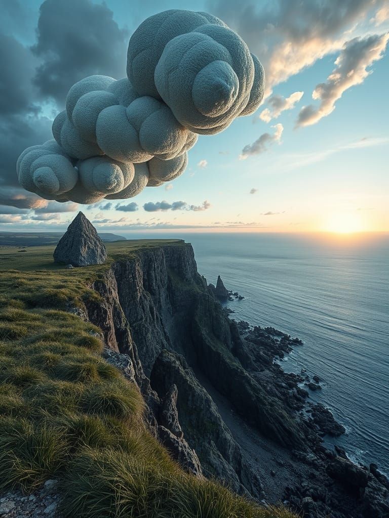 Tempestuousness in a Rock Lace Pebble 3D Collage Sculpture Under Knitted Living Clouds