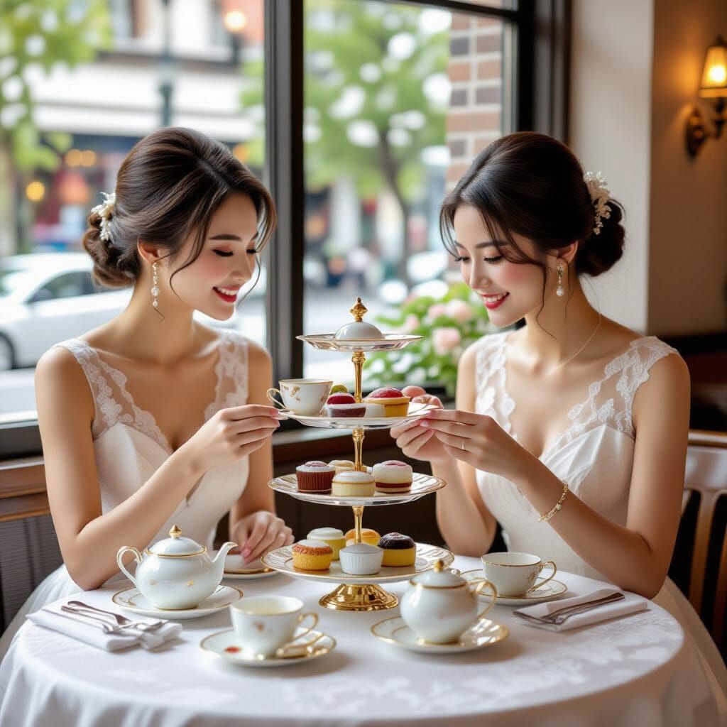 Elegant Japanese Women Enjoying Tea in Sophisticated Cafe