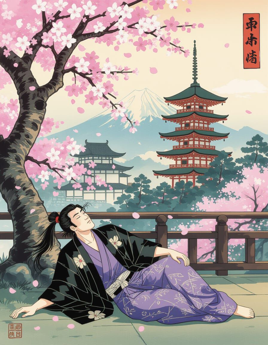 Ukiyo-e Style Artwork: Man Sleeps Under Sakura Tree