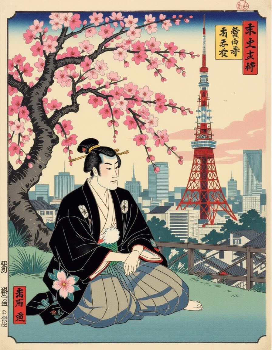 Ukiyo-e Style Art of Man Under Cherry Blossoms