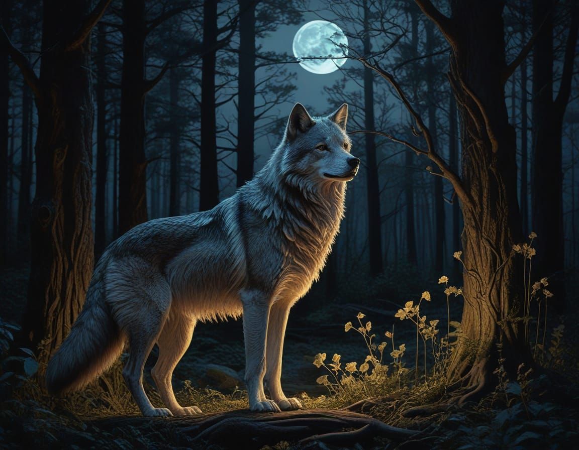 Art Nouveau Wolf in Ethereal Moonlit Forest