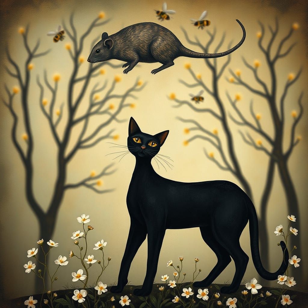 Majestic Feline Figure in Dreamlike Garden