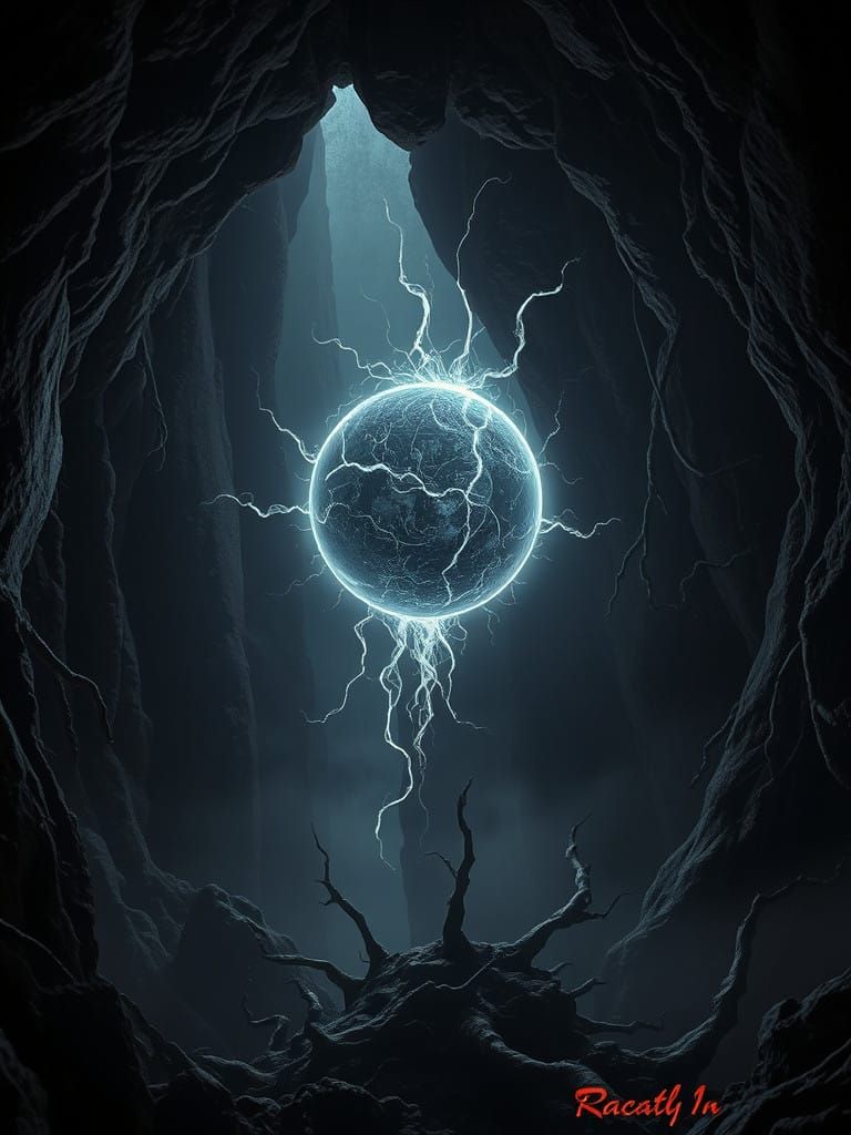 Surreal Dark Energy Orb Radiates in Mystical Cave