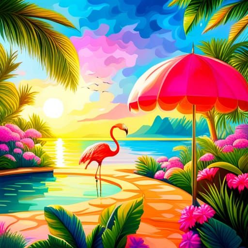 Pink Flamingo Relaxation by the Pool in Sunlight